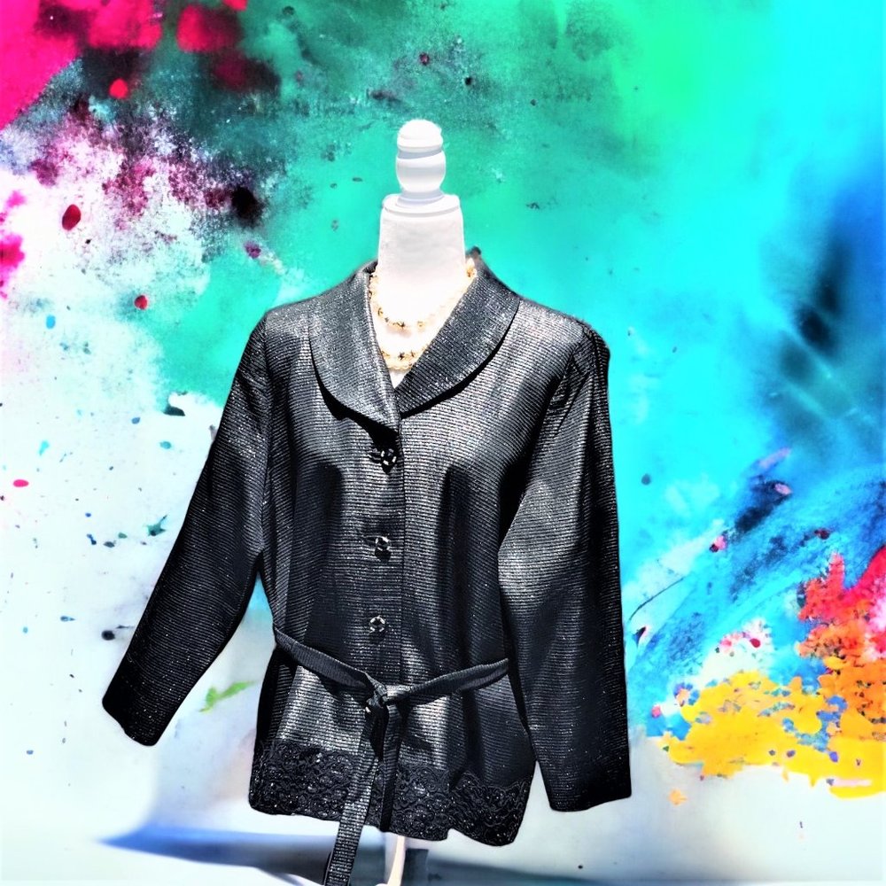 Vintage Black Textured Silver Metallic Thread Lace Decoration Jacket Size L
